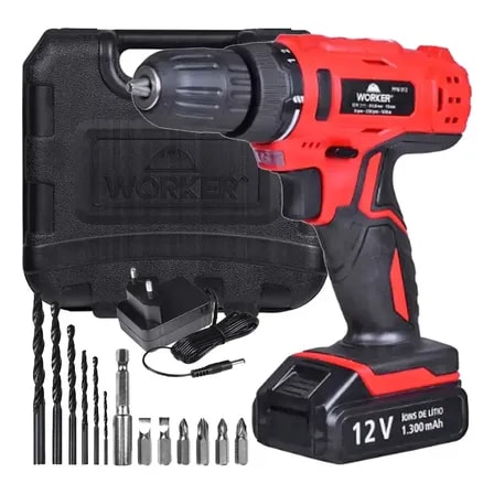 Imagem do Parafusadeira A Bateria 12v Com Maleta 13 Acessorios Worker Vermelho Com Preto 12v 60hz